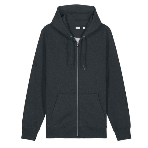 Front view flat lay of women’s dark heather gray organic cotton brushed heavyweight 350GSM zip up sweatshirt – Louvóre athleisure apparel